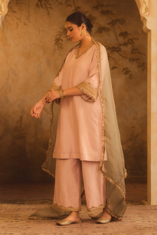 Gulbano Pink V-Neck A-Line Kurta Set