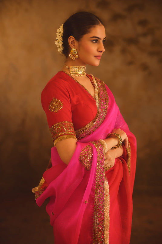 Hooe-E-Mahal Red & Pink Ombre Organza Saree