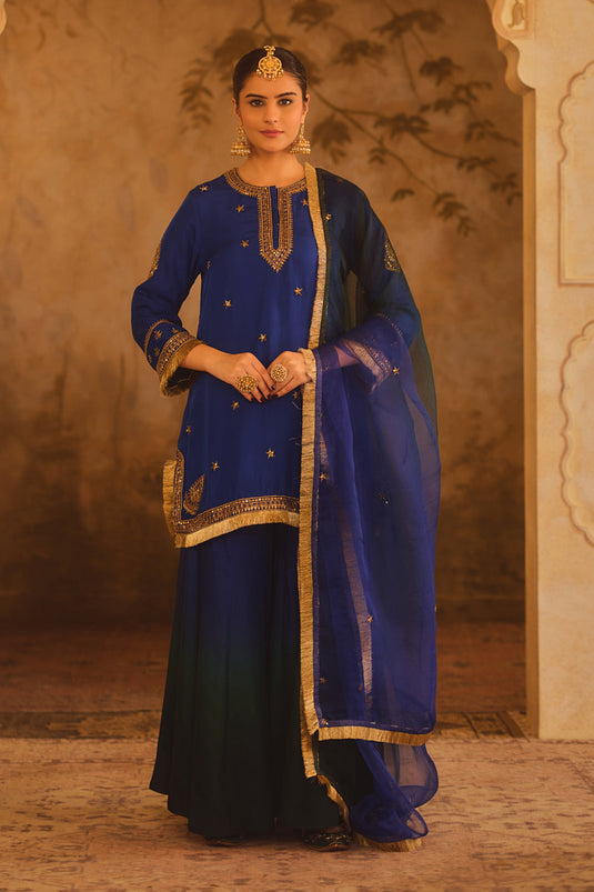 Hoor-E-Mahal Blue & Green Ombre Kurta Sharara Set