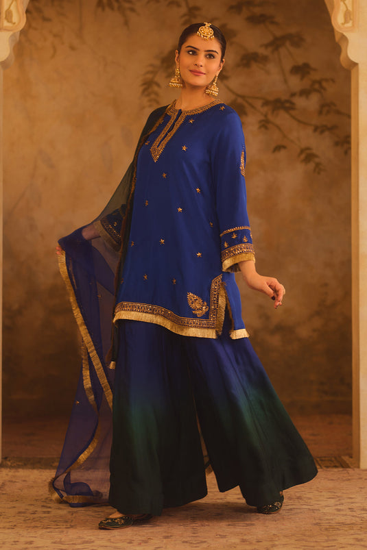 Hoor-E-Mahal Blue & Green Ombre Kurta Sharara Set