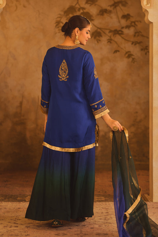Hoor-E-Mahal Blue & Green Ombre Kurta Sharara Set