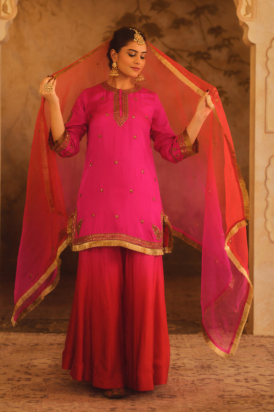 Hoor-E-Mahal Pink & Red Ombre Kurta Sharara Set