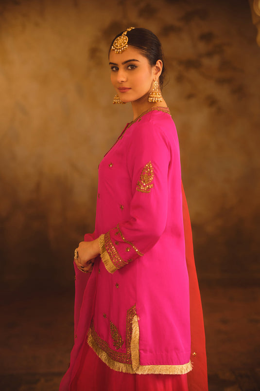 Hoor-E-Mahal Pink & Red Ombre Kurta Sharara Set