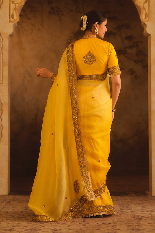 Hoor-E-Mahal Yellow Ombre Organza Saree