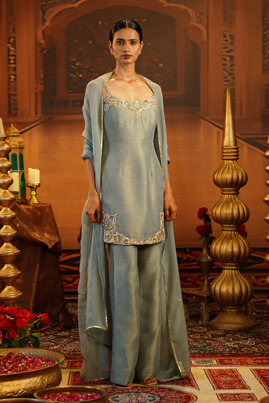Ice Blue Kasab Silk Spaghetti Kurti Set