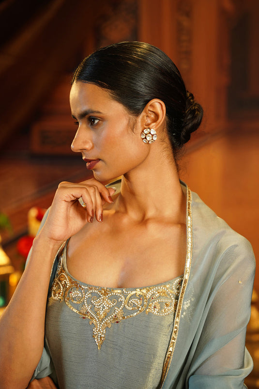 Ice Blue Kasab Silk Spaghetti Kurti Set