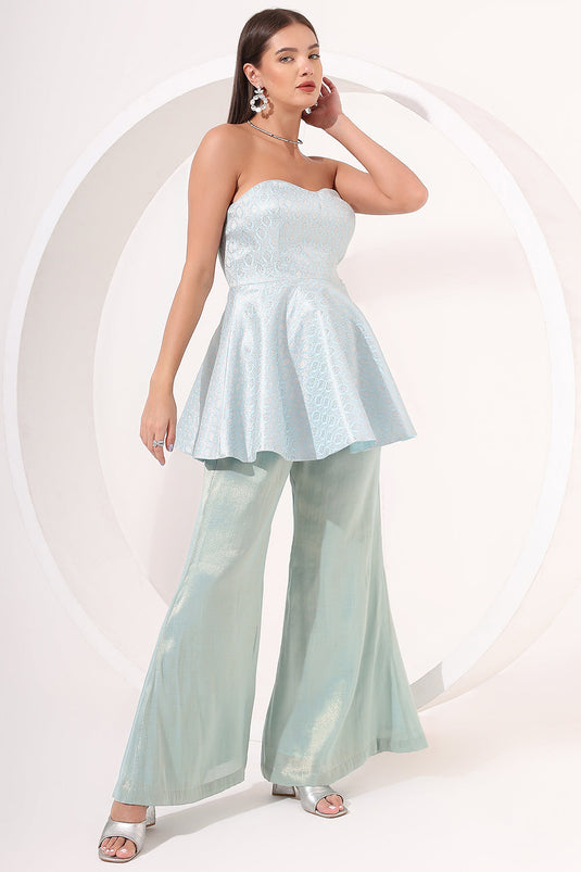 Ice Blue Strapless Brocade Peplum Set