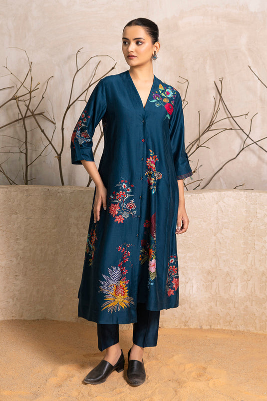 Indigo Silk Chanderi Printed High-Low Dress