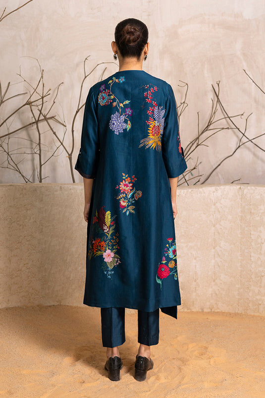 Indigo Silk Chanderi Printed High-Low Dress