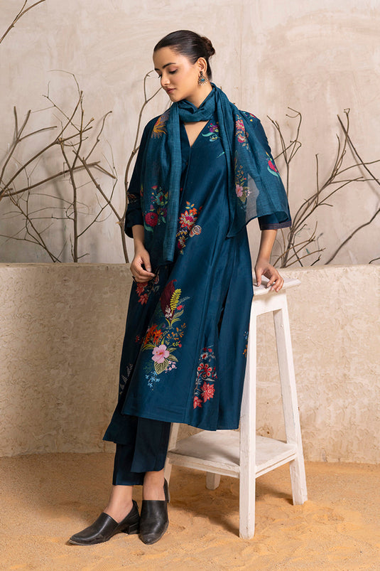 Indigo Silk Chanderi Printed High-Low Dress