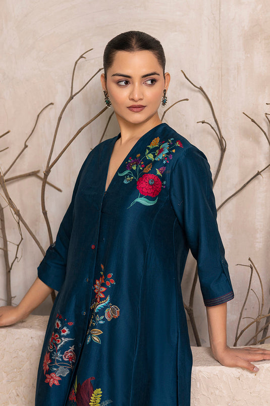 Indigo Silk Chanderi Printed High-Low Dress