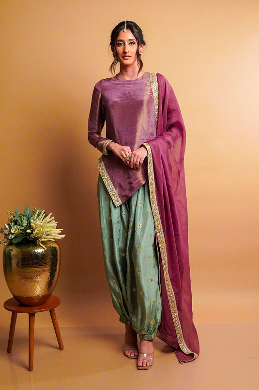 Iris Tissue Kurta with Sage Green Balloon Pants Set and Dupatta