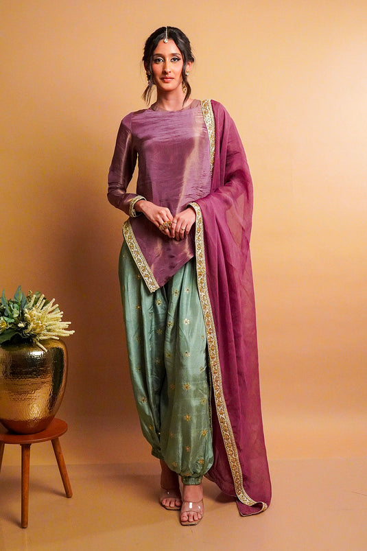 Iris Tissue Kurta with Sage Green Balloon Pants Set and Dupatta