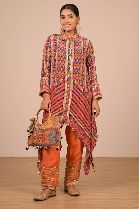 Asymmetrical Orange Kurta Set In Creope with Canvas Tote Bag