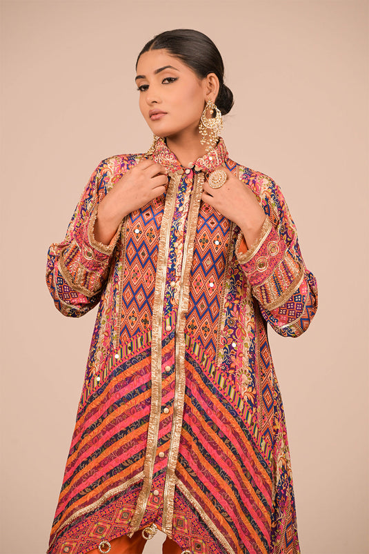Asymmetrical Orange Kurta Set In Creope with Canvas Tote Bag