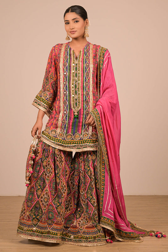 Magenta Crepe Sharara Set with Canvas Tote Bag with Vibrant Print Motifs