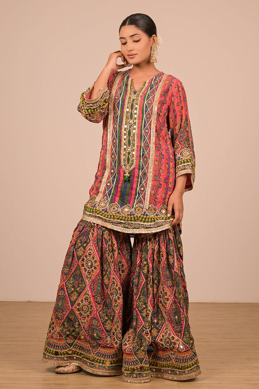 Magenta Crepe Sharara Set with Canvas Tote Bag with Vibrant Print Motifs