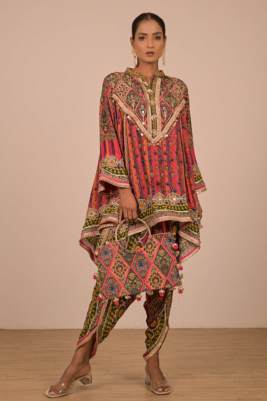 Magenta Crepe Suit with Tulip Pants and Festive Canvas Tote Bag