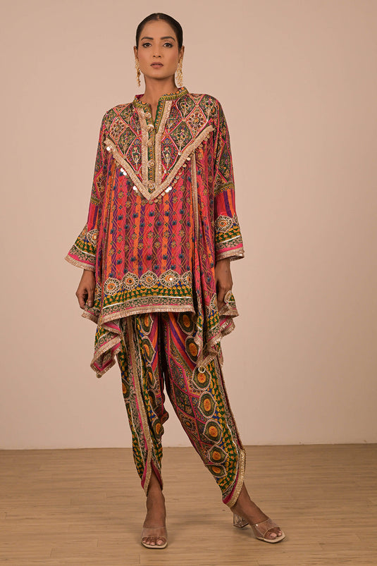 Magenta Crepe Suit with Tulip Pants and Festive Canvas Tote Bag