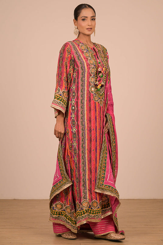 Magenta Embroidered Crepe A-Line Suit Set with Dupatta & Canvas Tote Bag