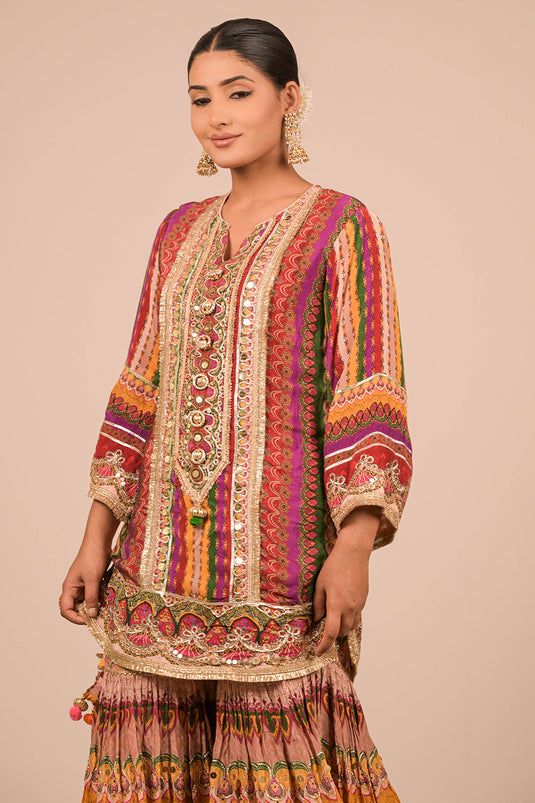Multicolor Crepe Sharara Set with Canvas Tote Bag with Vibrant Print Motifs