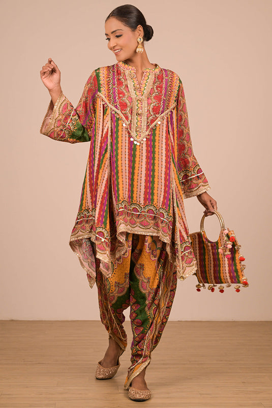 Multicolor Crepe Tulip Pant Suit with Mirror Embroidery and Designer Canvas Tote Bag