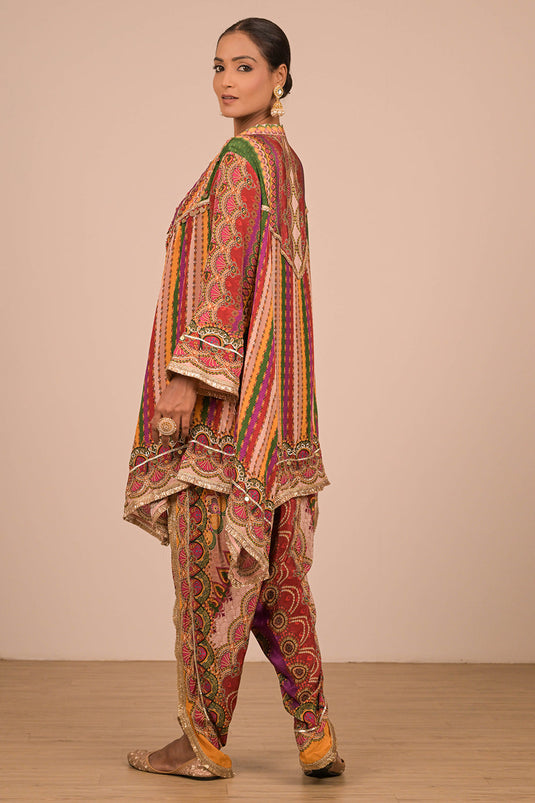 Multicolor Crepe Tulip Pant Suit with Mirror Embroidery and Designer Canvas Tote Bag