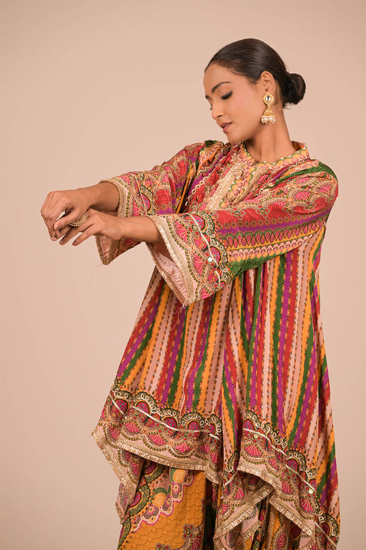 Multicolor Crepe Tulip Pant Suit with Mirror Embroidery and Designer Canvas Tote Bag