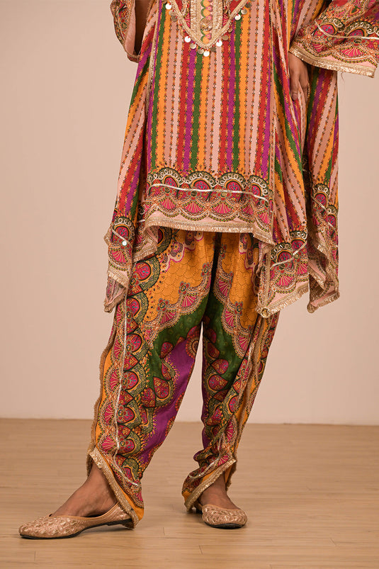 Multicolor Crepe Tulip Pant Suit with Mirror Embroidery and Designer Canvas Tote Bag