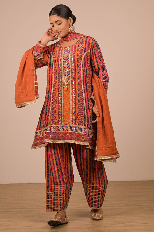 Orange Crepe Suit Set with Farsi Salwar with Canvas Tote Bag