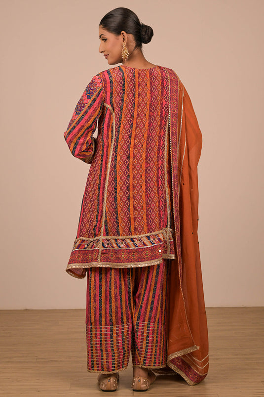 Orange Crepe Suit Set with Farsi Salwar with Canvas Tote Bag