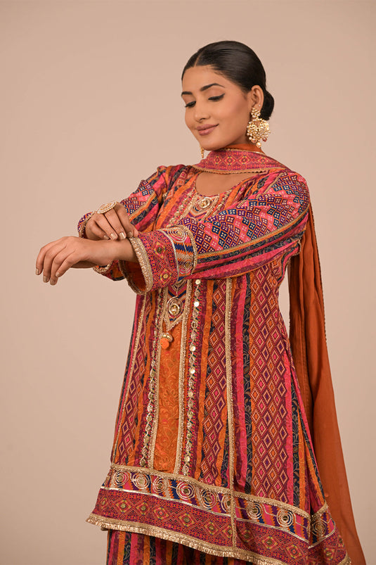 Orange Crepe Suit Set with Farsi Salwar with Canvas Tote Bag