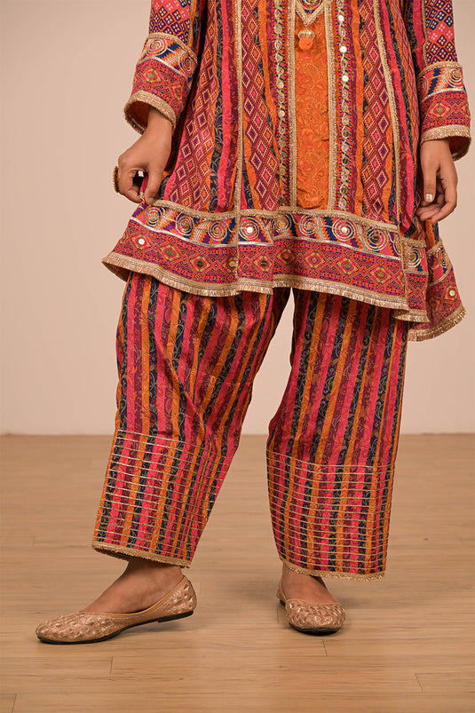 Orange Crepe Suit Set with Farsi Salwar with Canvas Tote Bag