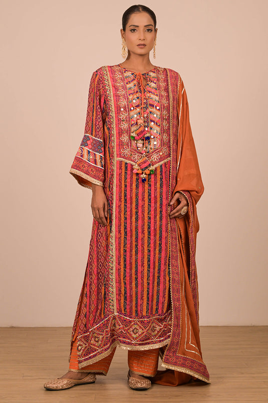 Orange Embroidered Crepe A-Line Suit with Dupatta & Canvas Tote Bag