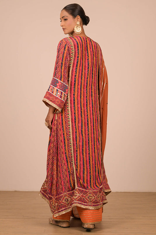 Orange Embroidered Crepe A-Line Suit with Dupatta & Canvas Tote Bag