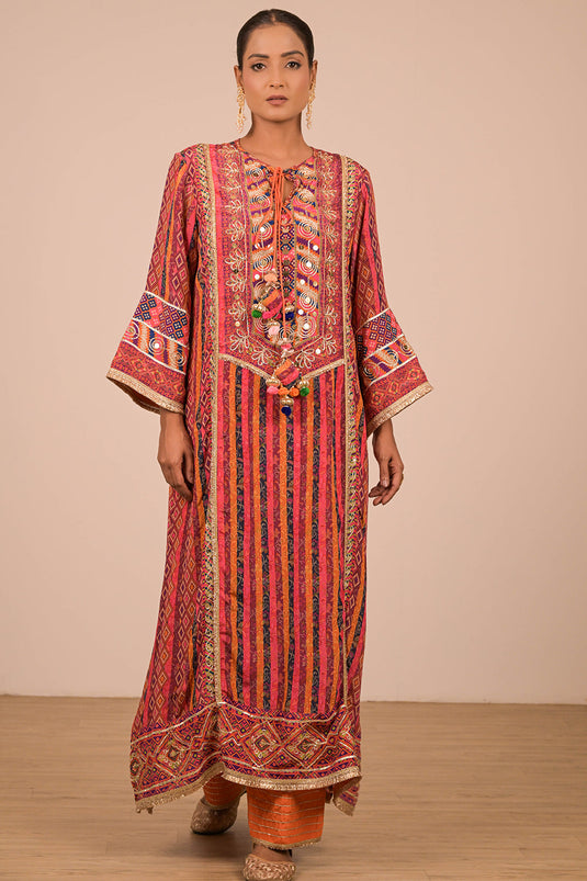 Orange Embroidered Crepe A-Line Suit with Dupatta & Canvas Tote Bag