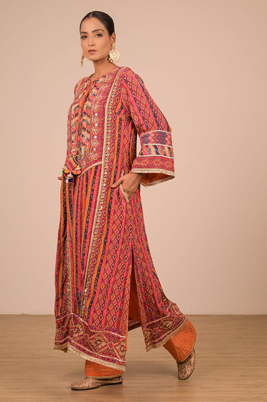 Orange Embroidered Crepe A-Line Suit with Dupatta & Canvas Tote Bag