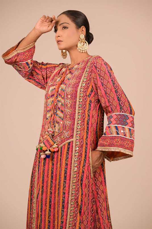 Orange Embroidered Crepe A-Line Suit with Dupatta & Canvas Tote Bag