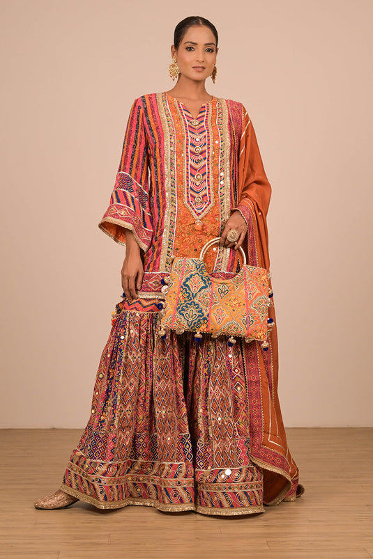 Orange Sharara Suit In Crepe Fabric with Canvas Tote Bag