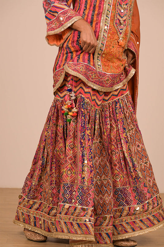 Orange Sharara Suit In Crepe Fabric with Canvas Tote Bag