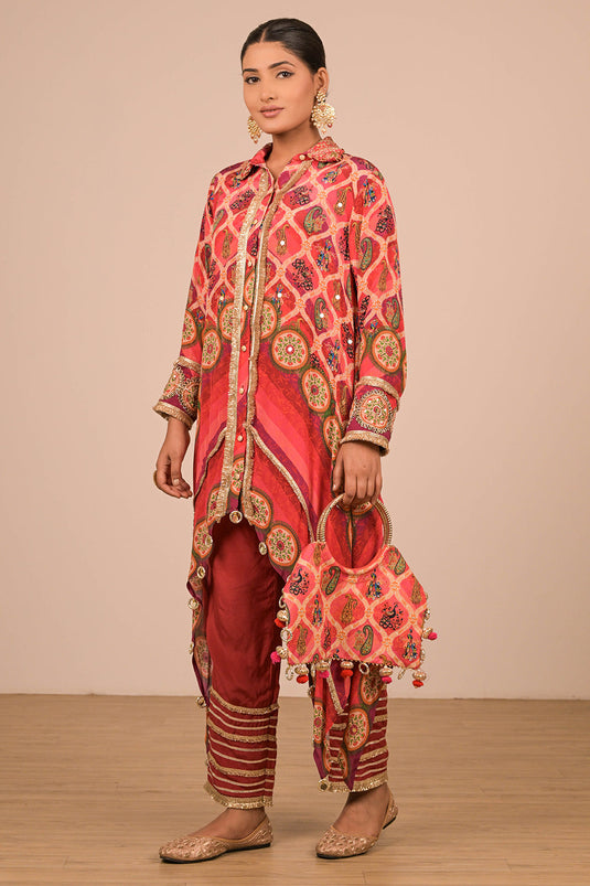 Persian Red Asymmetric Hem Kurta Set In Crepe Fabric with Canvas Tote Bag