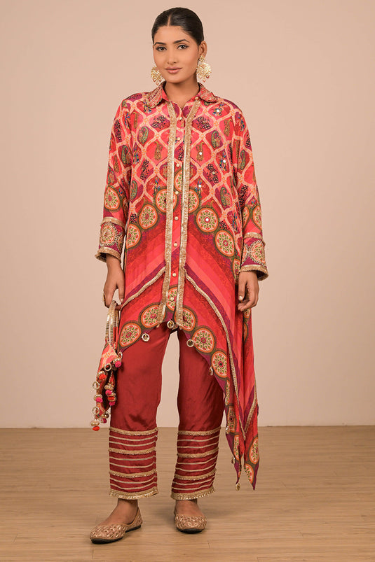 Persian Red Asymmetric Hem Kurta Set In Crepe Fabric with Canvas Tote Bag