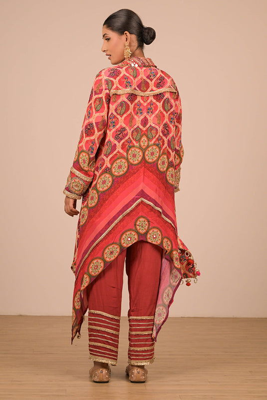 Persian Red Asymmetric Hem Kurta Set In Crepe Fabric with Canvas Tote Bag