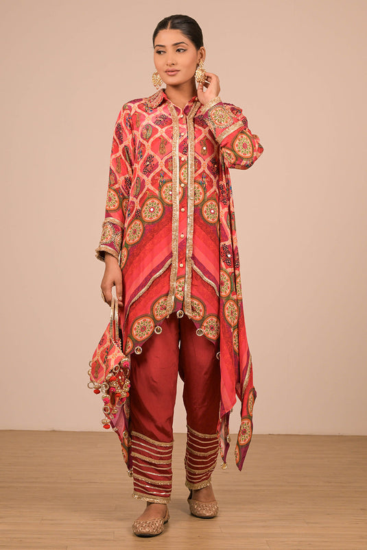 Persian Red Asymmetric Hem Kurta Set In Crepe Fabric with Canvas Tote Bag