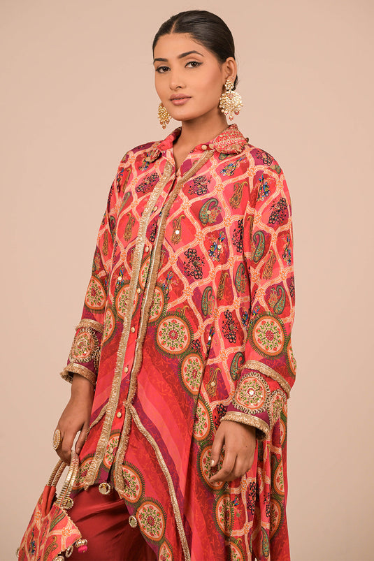 Persian Red Asymmetric Hem Kurta Set In Crepe Fabric with Canvas Tote Bag