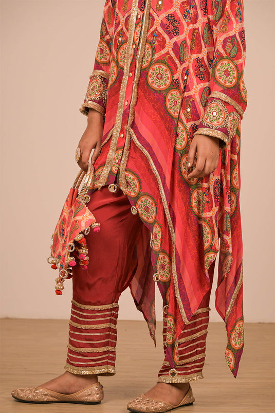 Persian Red Asymmetric Hem Kurta Set In Crepe Fabric with Canvas Tote Bag