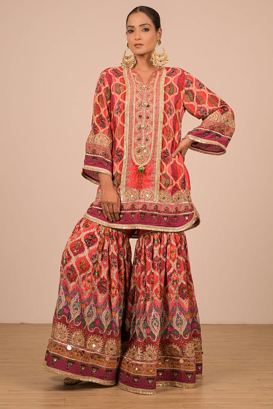 Persian Red Crepe Sharara Set with Canvas Tote Bag with Vibrant Print Motifs