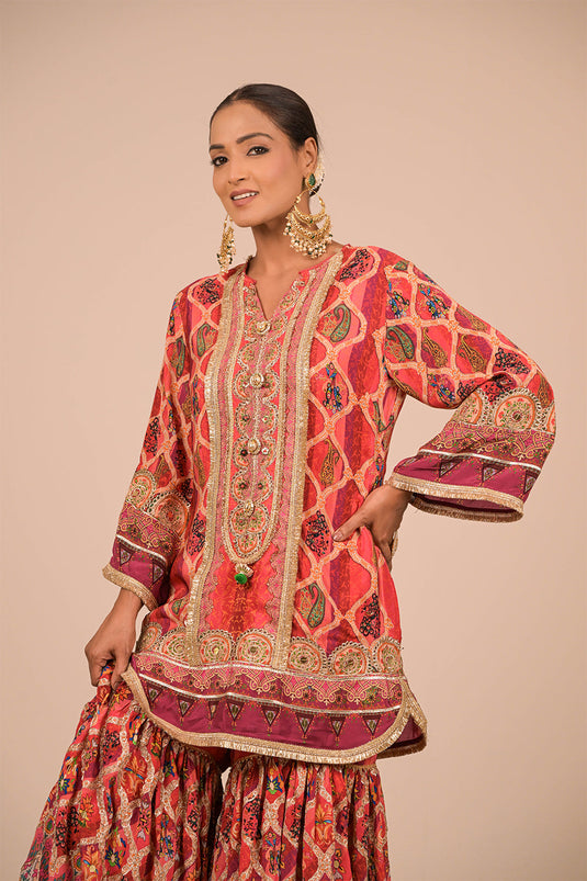 Persian Red Crepe Sharara Set with Canvas Tote Bag with Vibrant Print Motifs