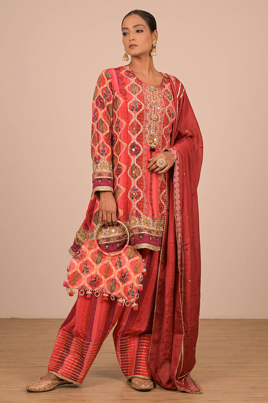 Persian Red Crepe Suit Set with Farsi Salwar with Canvas Tote Bag