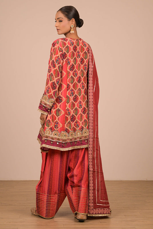 Persian Red Crepe Suit Set with Farsi Salwar with Canvas Tote Bag